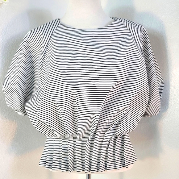 MUSK STRIPED CREWNECK SHORT SLEEVE PLATED WAIST TOP WOMEN'S SIZE MEDIUM - Picture 1 of 16